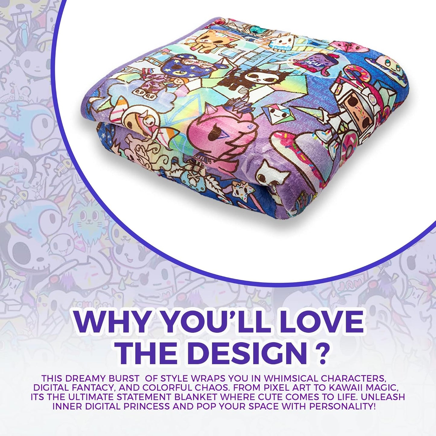 Tokidoki - Digital Princess Blanket - Kids & Girls Cozy Throw Blanket - with Your Favorite Unicorn Design - Personalized Gift - 50 x 60 Inches - 100% Polyester