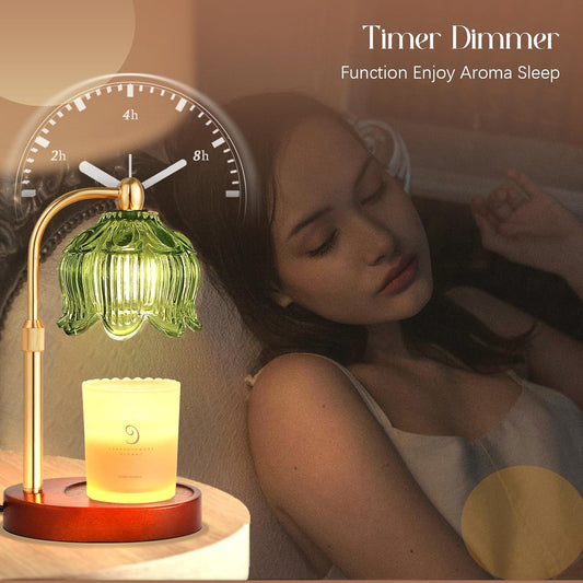 Adjustable Flower Candle Warmer Lamp with Timer, Lotus Tulip Glass Warmer Light for Jar Candles, Electric Wax Warming Melter, Gifts for Women Mom, Vintage Bedroom Decor (Green)