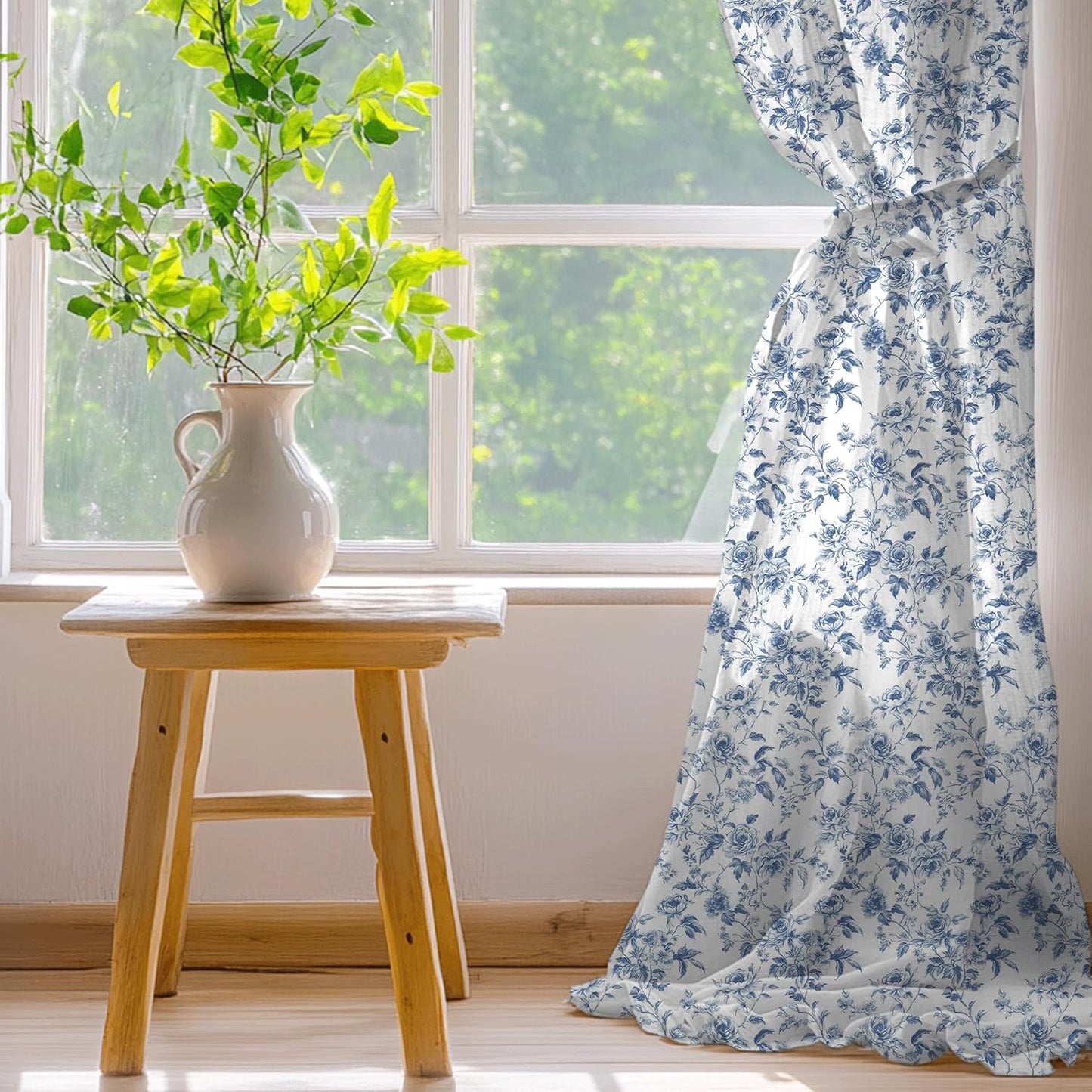 NICETOWN Blue Floral Curtains for Kitchen & Nursery, Linen Blend Drapes with Vintage Peony, Privacy & Light Filtering Inspired by British Museum's Blue & White Porcelain, W52 x L63 in, 2 Panels