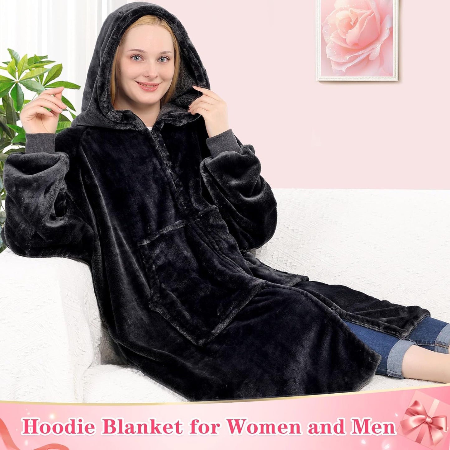 Waitu Wearable Blanket Hoodie with Zipper Gifts for Women Men, Warm and Cozy Oversized Hoodie Blanket Birthday Gifts for Women Mom, Thick Flannel Blanket with Giant Pocket - Black