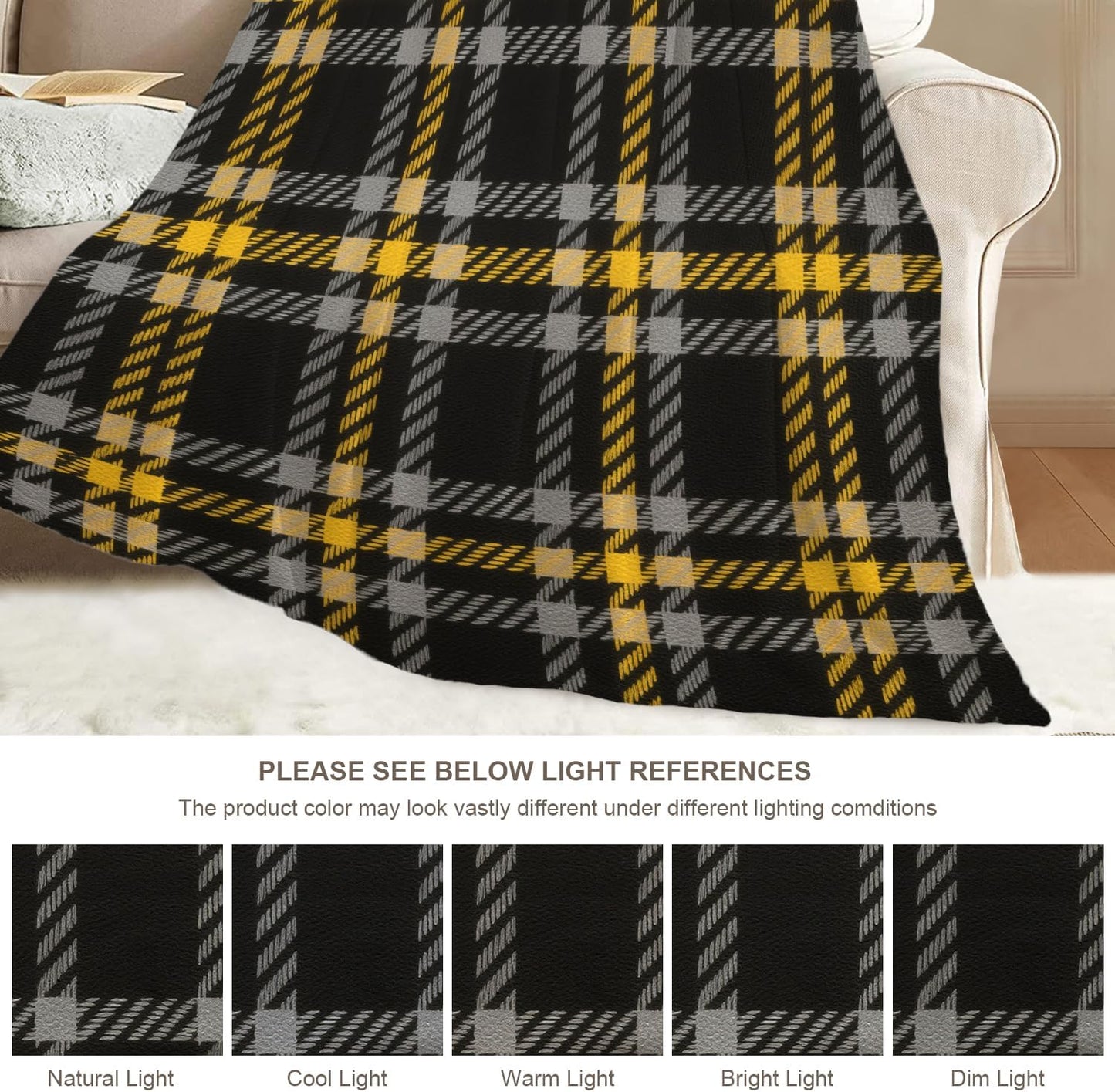 Batmerry Gray Brown Yellow Plaid Throw Blanket for Couch Sofa Bed,Houndstooth Checks in Grey Browns Super Soft Warm Fuzzy Plush Blankets Decor Lightweight Cozy Travel Camping Blanket 60 x 50 in