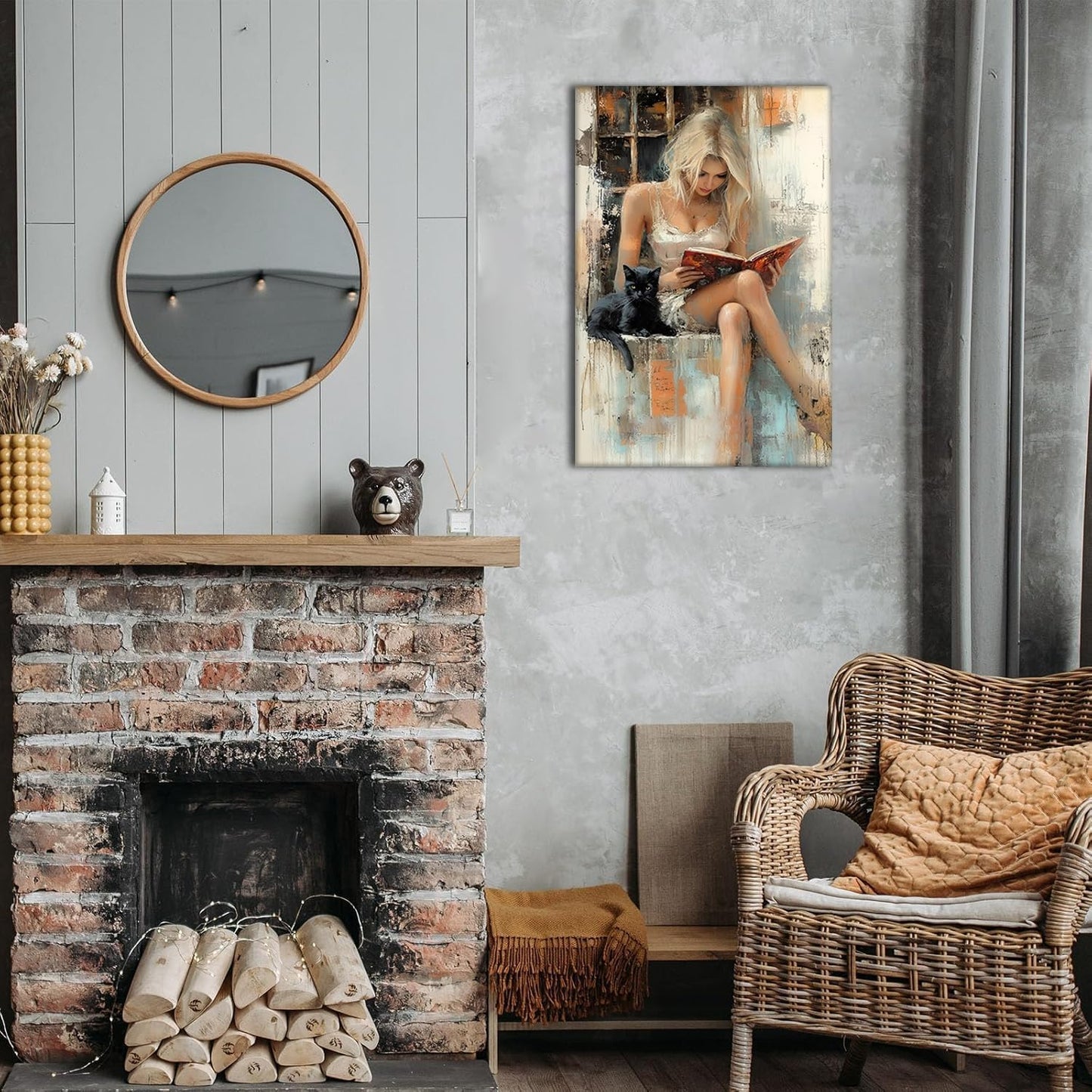 Woman Reading Book Canvas Wall Art Academia Aesthetic Painting Wall Decor Pictures Modern Girl Painting with Black Cat posters Prints for Home Living Room Bedroom Office Decor Ready-to-Hang(16inx12In)