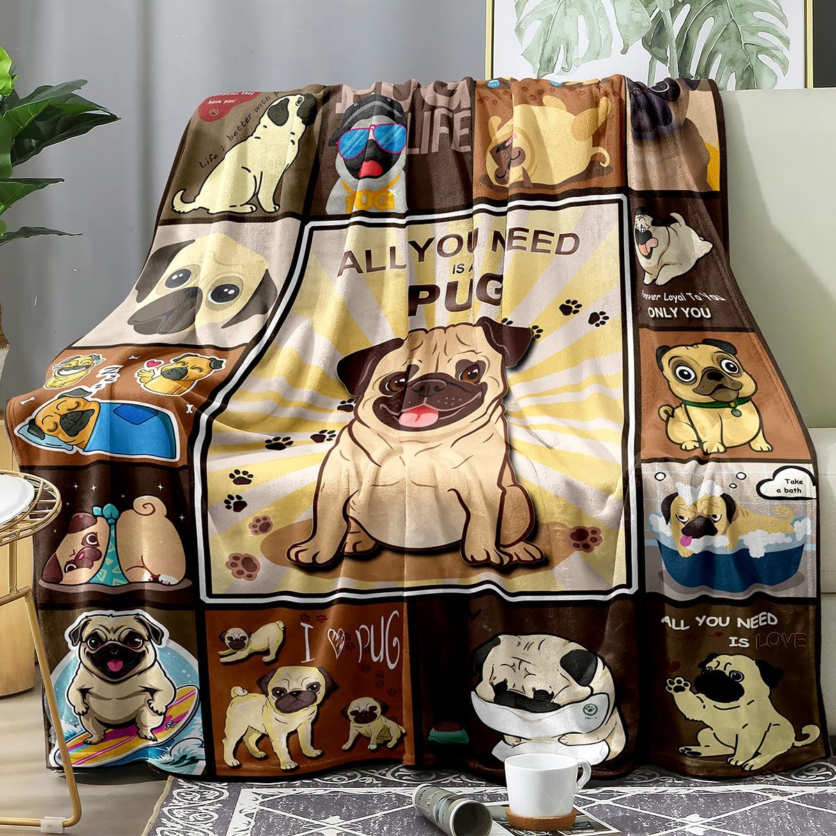 Pug Blanket, Cute Puppy Fleece Blankets Super Soft Fuzzy Gifts for Pugs Lovers Plush Throw Dog Decor (Brown Pug, 47" x 60")