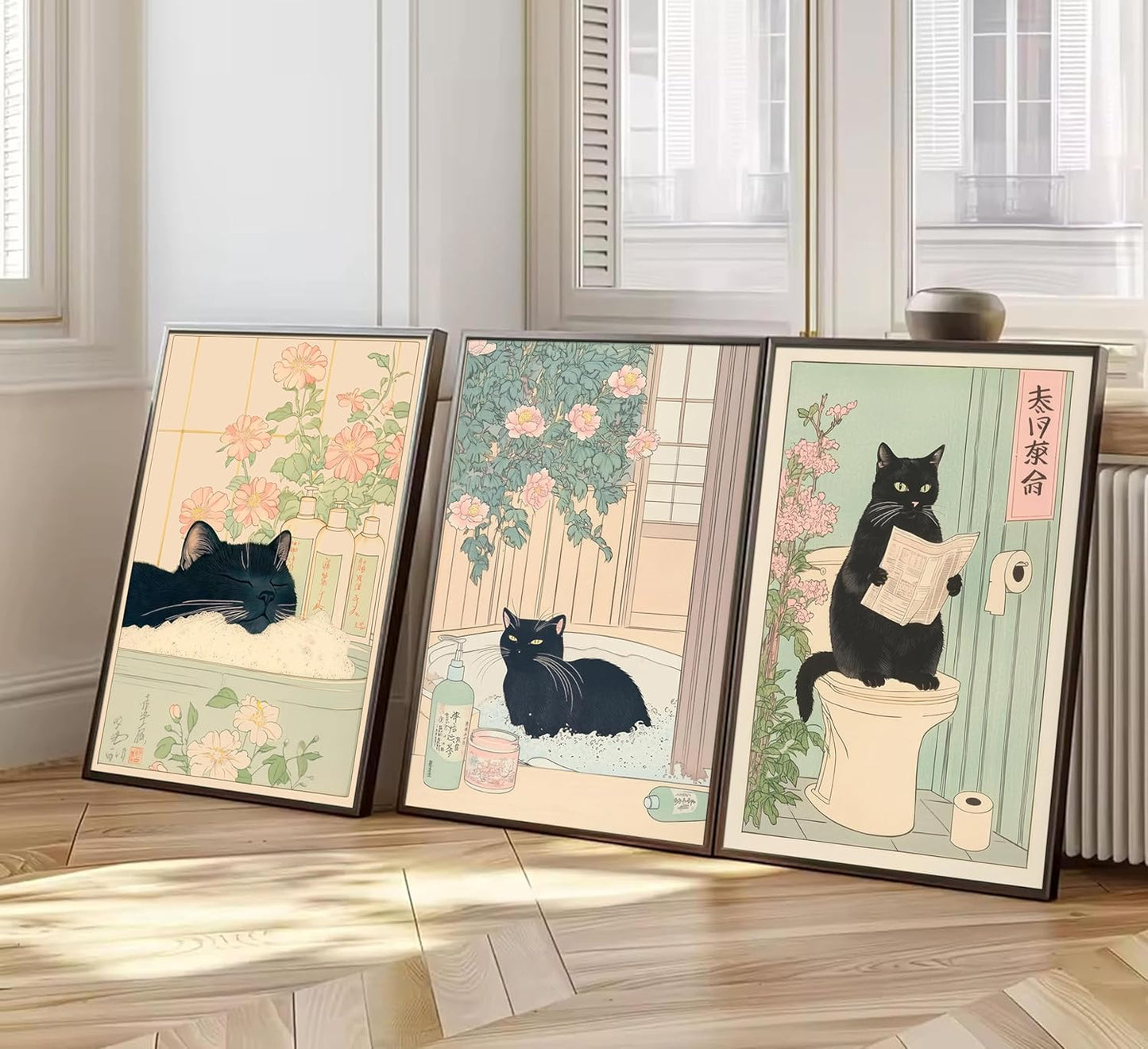 3Pcs Funny Japanese Bathroom Cat Wall Art Cute Animal Painting Picture Wall Decor Cats Lovers Prints Poster Print Artwork for Bathroom Toilet Home Decoration Unframed