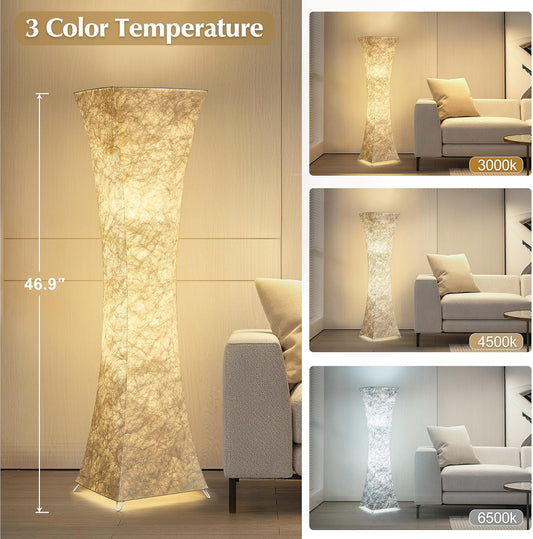 GyroVu Floor Lamp for Living Room, 47“ Adjustable Color Temperature Standing Corner Floor Lamps, Modern Column Floor Light with White Fabric Shade for Bedroom, Home Office, Kids Room, 2 Bulbs Include