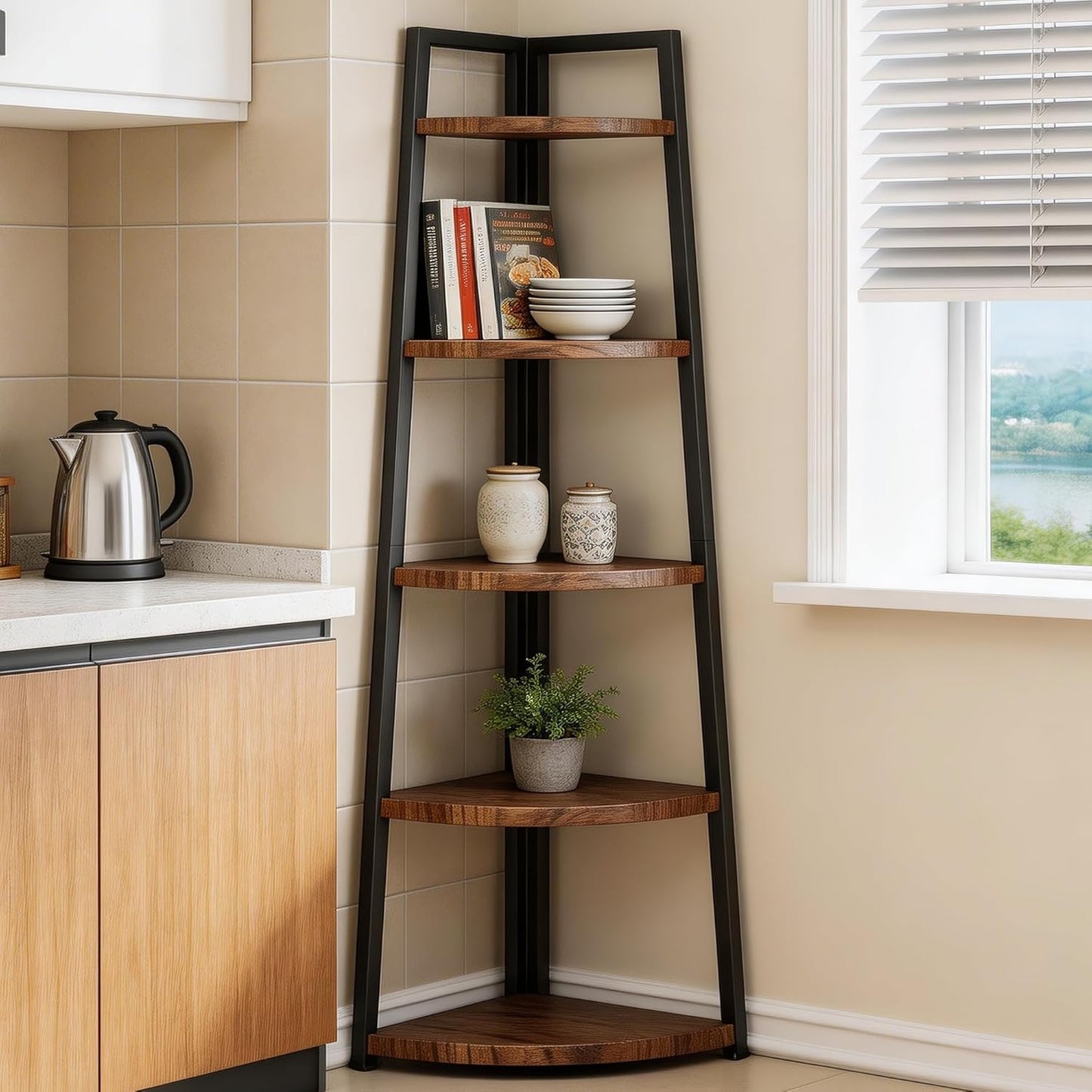 Soild Wood Corner Shelf, 5 Shelf Bookcase for Bathroom & Living Room, Tall Corner Bookshelf with Ladder Design, Space Saving Corner Bookcases (Brown)