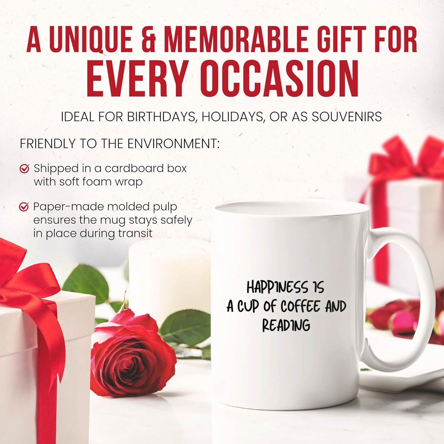 Hapiness Is Coffee And Reading Mug - Bookworm Cup - Literary Funny Gift From - Story Tea Mugs - Page Turner Cups - 11 Oz Ceramic Gifts For Readers, Birthday, Him, Her, Book Library