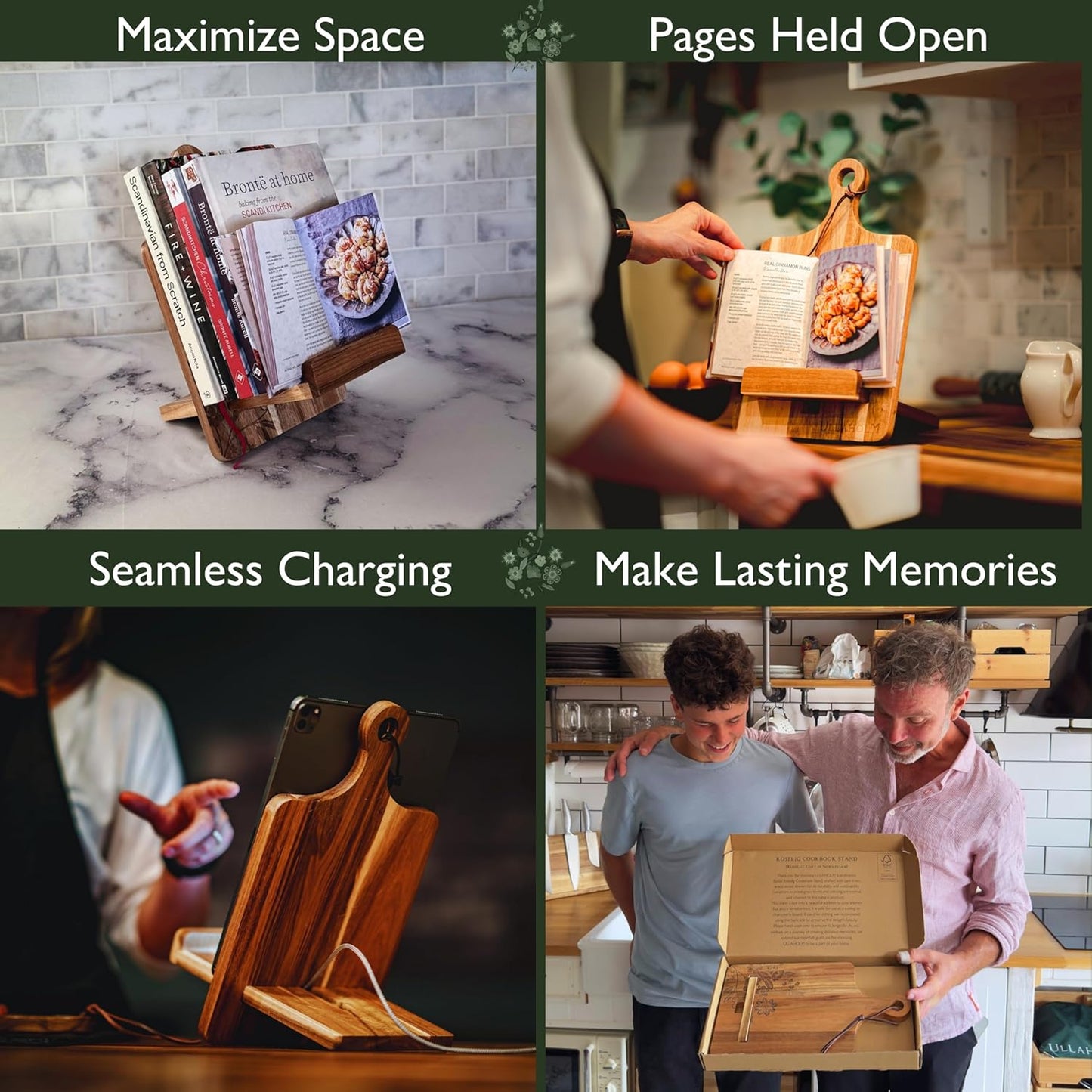 Wood Cookbook Stand for Kitchen Counter - Reversible Acacia Wooden Recipe Book Holder Stand - Cooking Measurement Conversion Card - Gift-Ready Adjustable Tablet Cook Book Holder - Charging Cable Slot