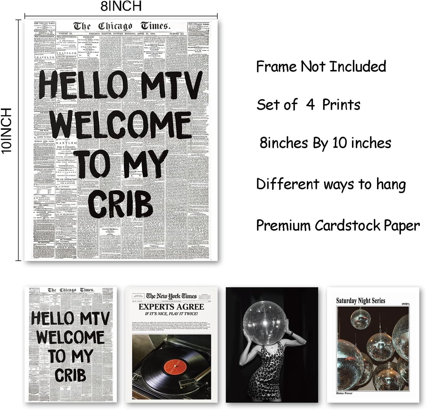 KDHTY Vintage 70s Disco Ball Newspaper Prints Wall Art,Retro Room Cheetah Print Decor,Trendy Black And White Newspaper Wall Art,Record Player Poster for Room Aesthetic,Vintage Decor for College Apartment 8x10 Unframed 4 Pcs