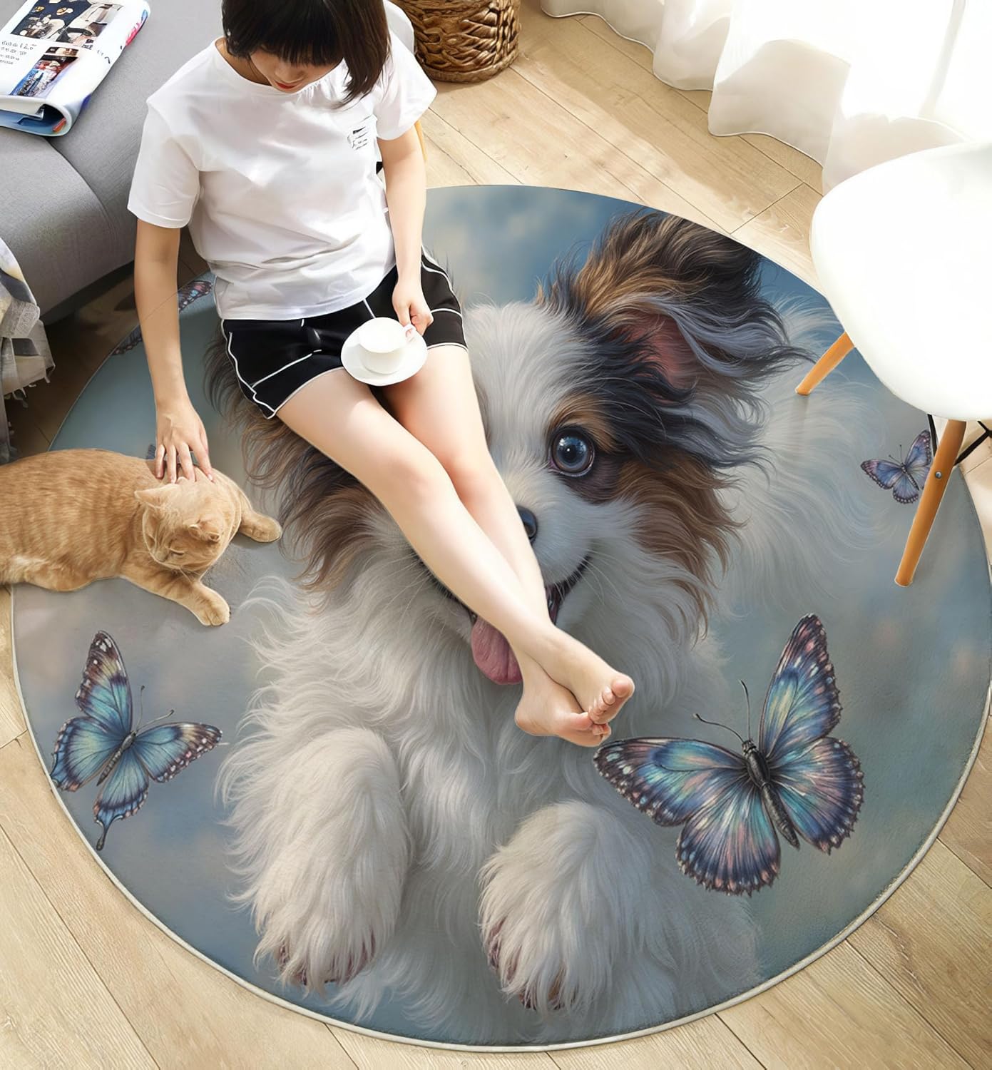 Washable Cute Puppy Butterfly Area Rug, 5Ft Round Rugs for Living Room Soft Carpet for Bedroom Animal Illustration Indoor Stain Resistant Non-Shedding Floor Carpet, Blue, 5Ft-Round