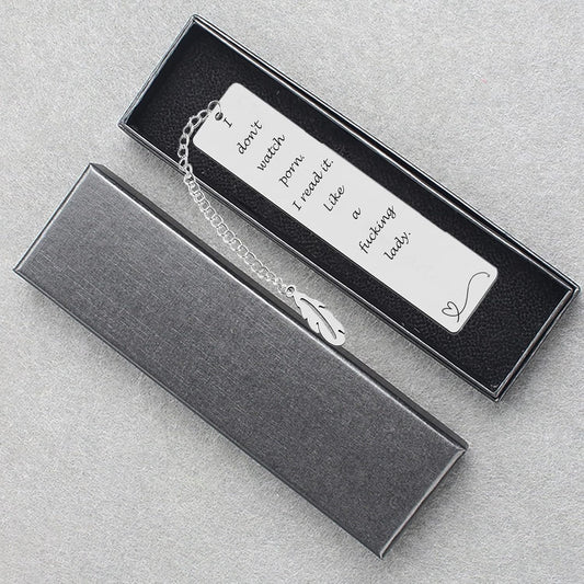 Metal Bookmark Gift, 'I Don't Watch Porn. I Read it Like a Fking Lady' Stainless Steel Leaf Pendant Book Mark with Box for Women, Men, Friends, Teacher, Classmate, Book Lovers