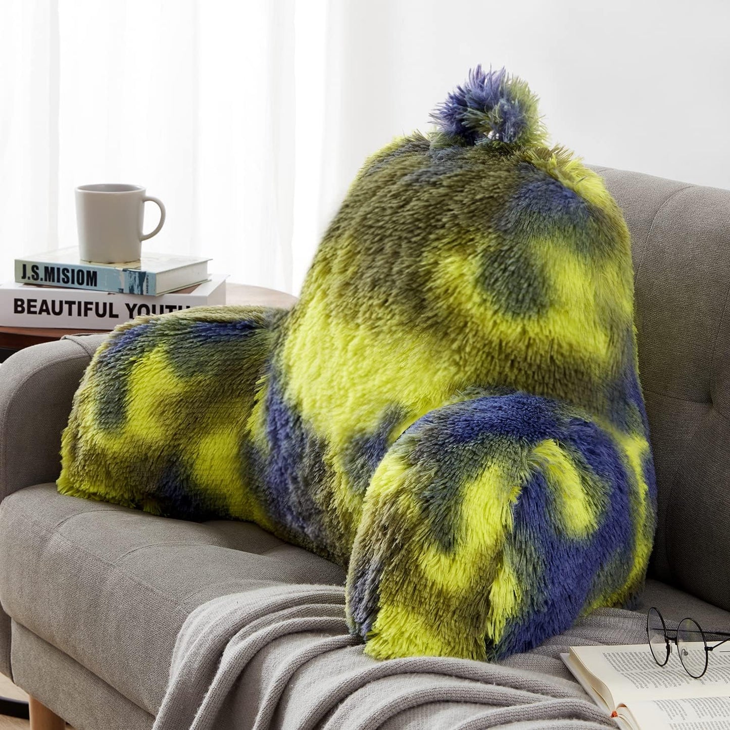 Fur Reading Pillow - Big Size 30x17x17 Inch with Premium Stuffing, Adult & Children Backrest Pillow with Arms, Bed Wedge Pillow for Headboard, Back Support Pillow for Sitting Up in Bed