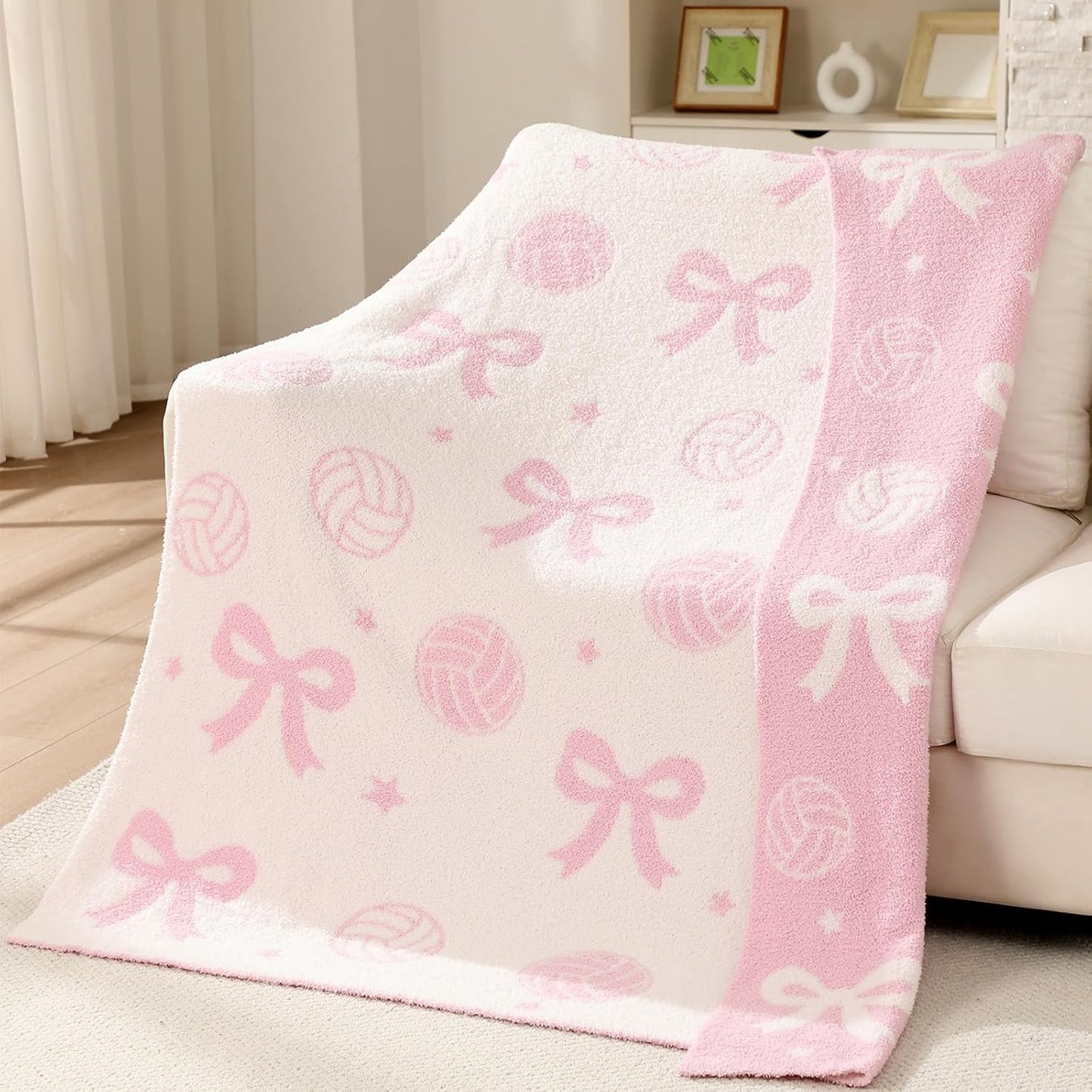 Volleyball Bow Blanket for Teen Girls Reversible Coquettish Bow Sport Cute Soft Flannel Throw Blanket 50 x 60 in Washable Aesthetic Fuzzy Fleece Throw for Couch Sofa Bed Decor Gift