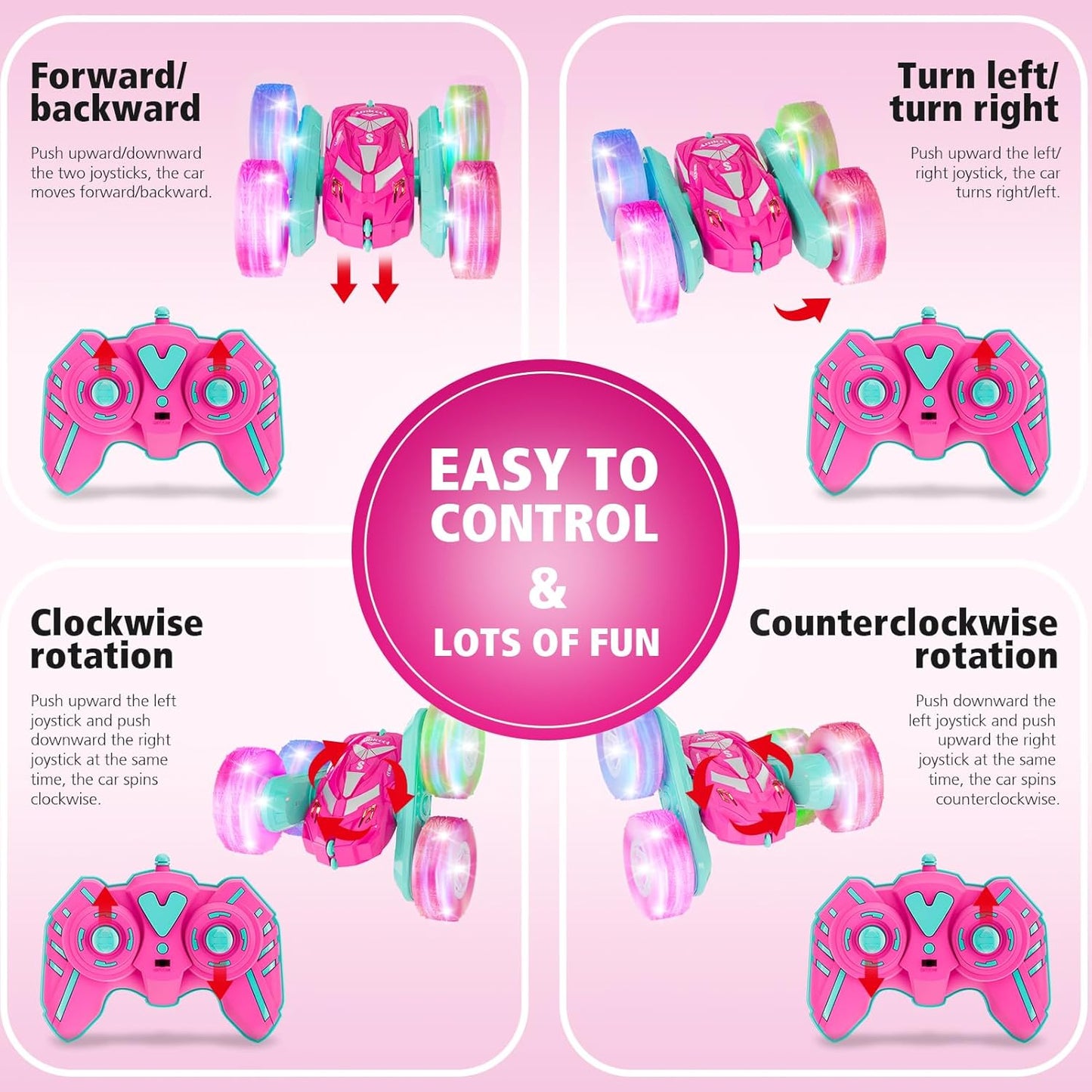 Remote Control Car for Girls 6-12 with Flashing Light, Toys 6 7 8 9 Years Old Girl Birthday Gifts Idea, RC Cars Stunt 4WD 2.4Ghz Double Sided 360° Flip, Present for Kids, Christmas, Pink