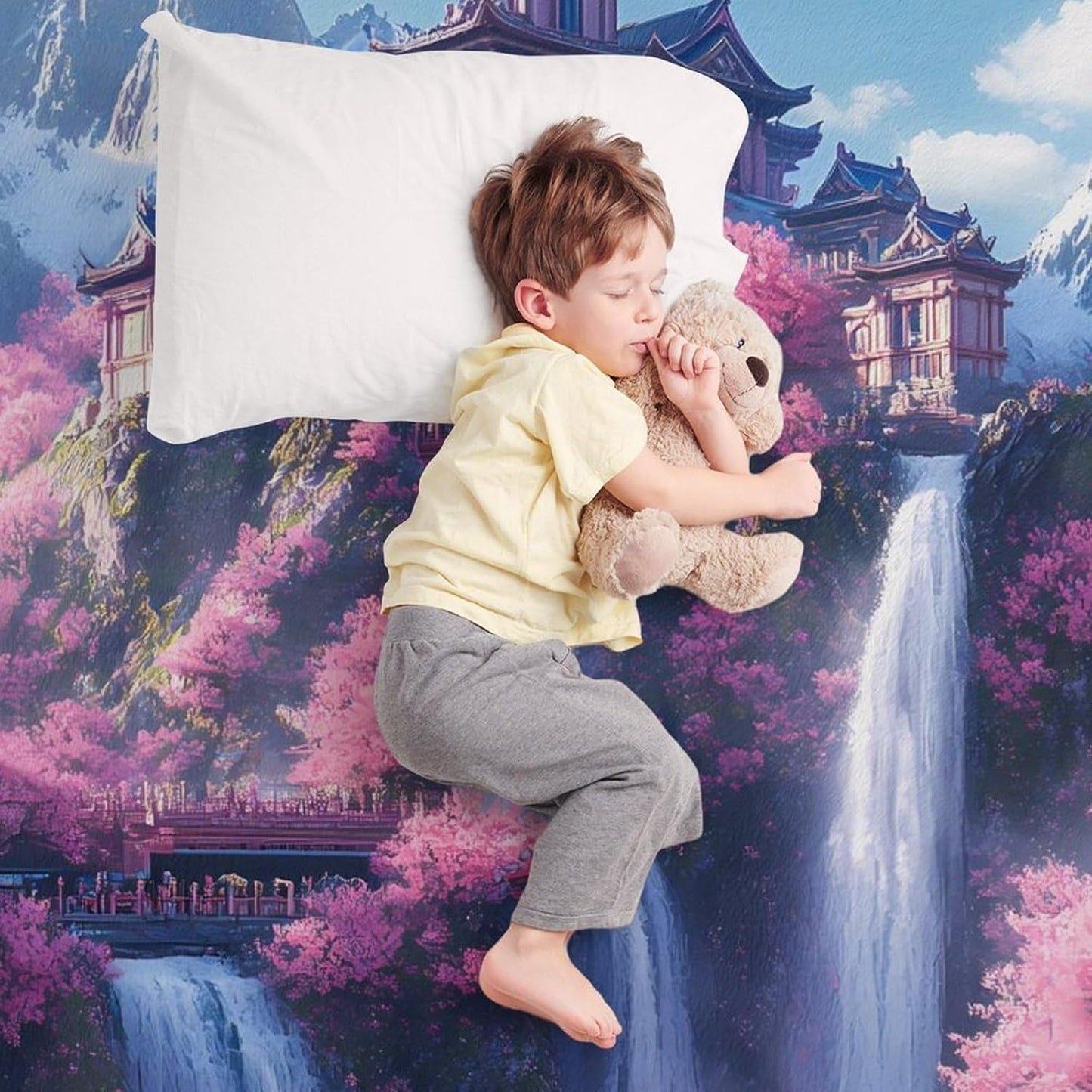 Japanese Building On Mountains Waterfall Throw Blanket for Couch Bed Plush Cozy Fuzzy Flannel Blanket for All Season 55"x70"