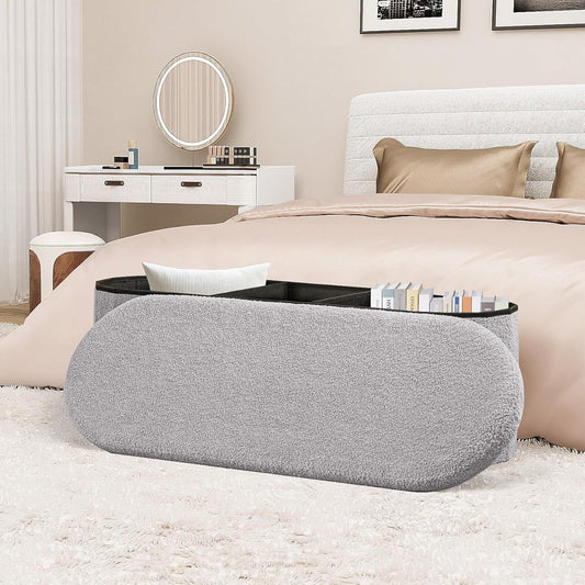 PINPLUS Storage Ottoman Bench Tufted Folding Ottomans Bench Foot Rest, Chest Box Velvet Bench with Storage, 43"x15"x15" (Grey)