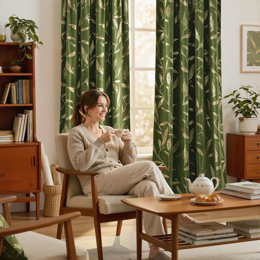 NICETOWN Olive Green Velvet Curtains with Gold Foil Leaf Print – Vintage Drapes for Bedroom, Luxury Botanical Window Treatments for Cottagecore & Mid-Century Decor, Thermal Rod Pocket, W50 x L84