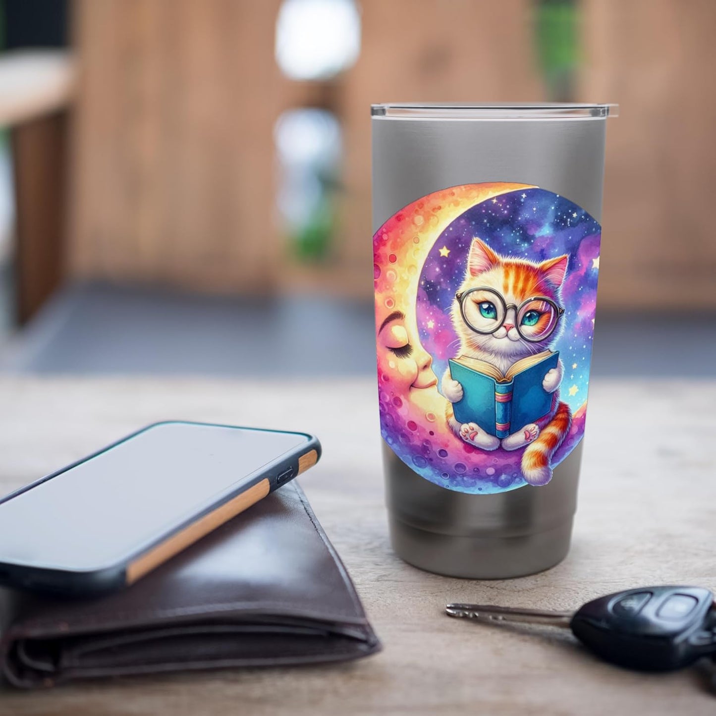Cat Reading Book On Crescent Moon Watercolor Teacher Graphic Stainless Steel Insulated Tumbler