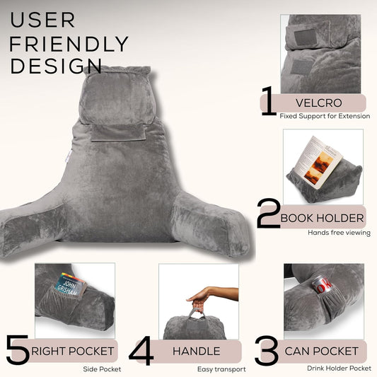 XL Reading Pillow for Bed with Arms – 2026 Upgrade Fixed Headrest Book Pillow, Supportive Ergonomic Backrest for iPad Reading, Dorm Rooms, TV Watching & Relaxing (Grey)