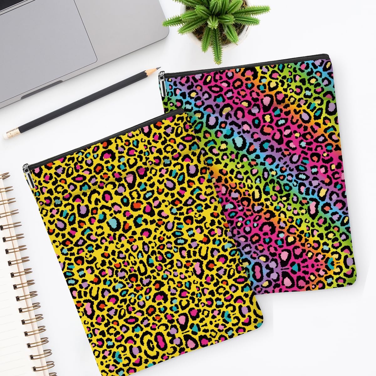 2 Pack Rainbow Leopard Print Book Sleeve, Books Protector,Books Pouch, Book Lovers Gifts,Bookish Gifts Waterproof Cover with Zipper,Leopard Decor Gift Bag for Women Sister Birthday Appreciation