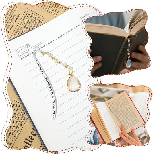 Vintage Metal Bookmark, Bookmark with Pendant, Embossed Bookmarks Elegant Opal Bookmarks with Drop Shell&Clear Quartz Crystal Stones Bead Chain for Women Men Book Lovers Teachers Girls (Silver)