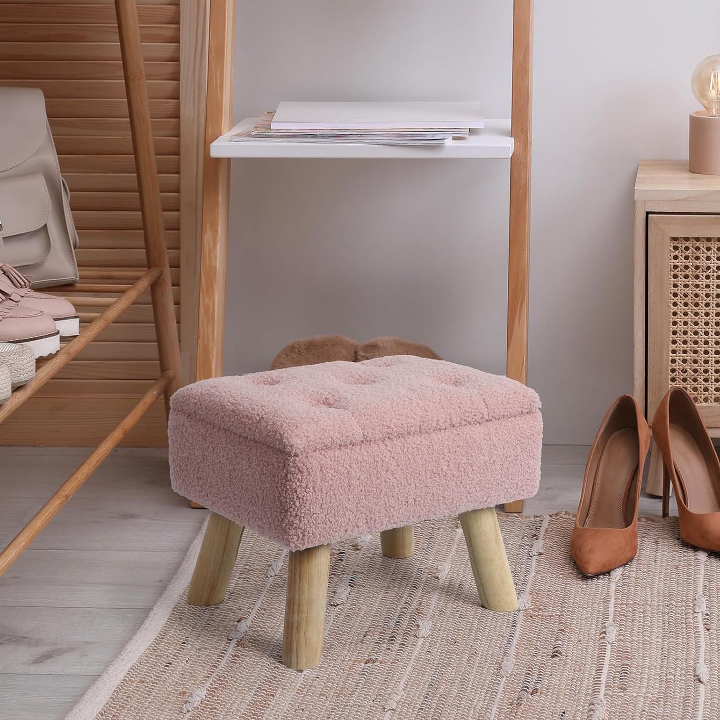 Storage Ottoman, Small Foot Stool Ottoman with Storage, Boucle Teddy Velvet Foot Rest with Padded Seat, Sturdy Wood Legs Stool for Living Room, Bedroom, Couch, Enterway (Pink)