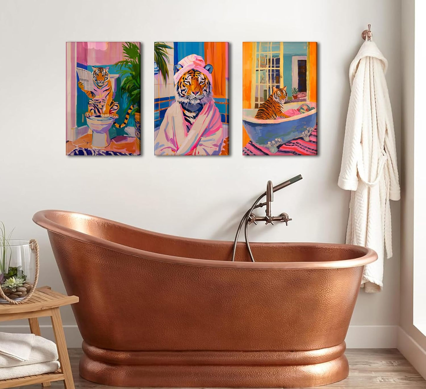 3 pcs Funny Bathroom Tiger Wall Art Eclectic Pink Kitsch Dopamine Aesthetic Animal Pictures Wall Decor Tiger in Bathtub Fashion Poster Print Artwork for Bathroom Toilet Furniture Decoration