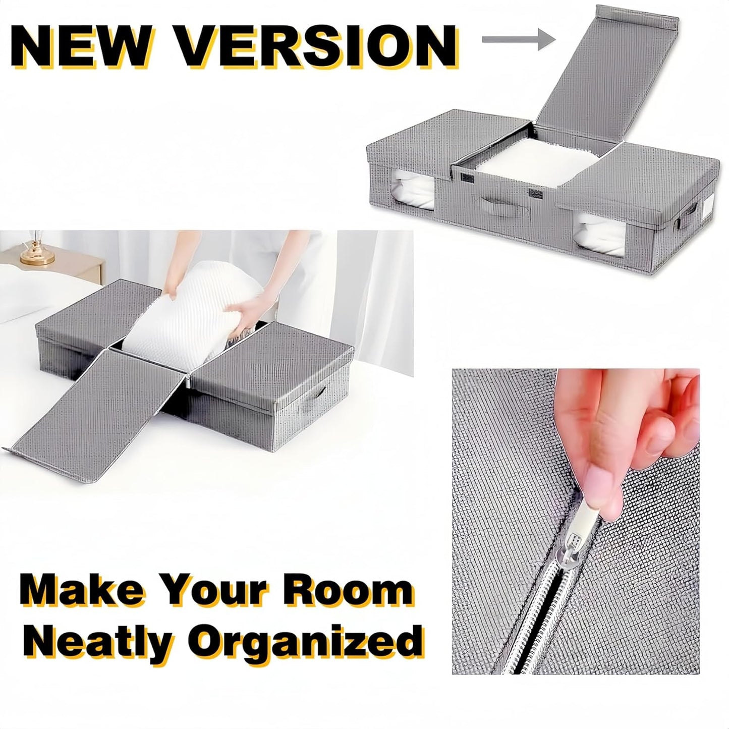 Under the Bed Storage Containers Bin with Lids, 2 pack Large Underbed Storage Organizer Box 6 Inch High with Clear Window and Zipper, Foldable Under Bed Must Haves for Clothes, Blankets, Shoes-Grey…