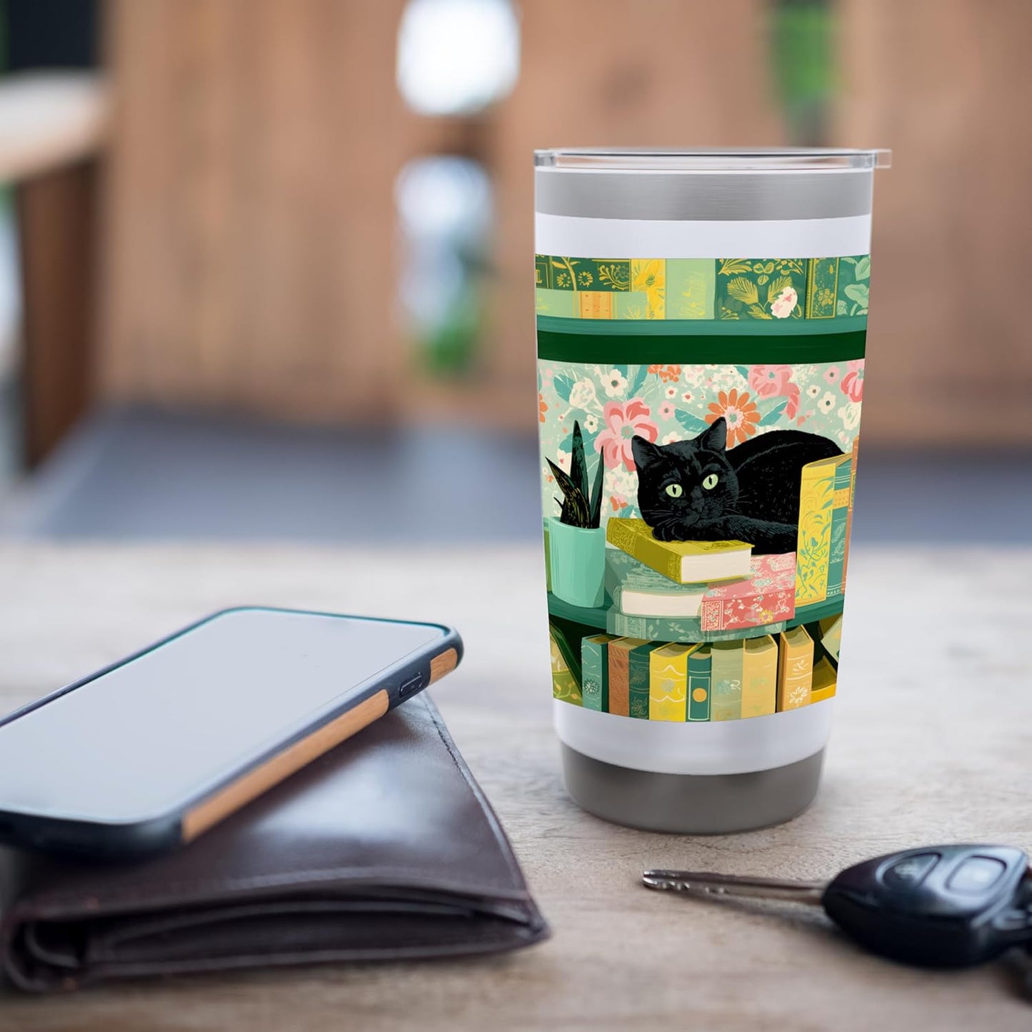 Lounging Cat on Vintage Bookshelf with Plant and Florals Stainless Steel Insulated Tumbler