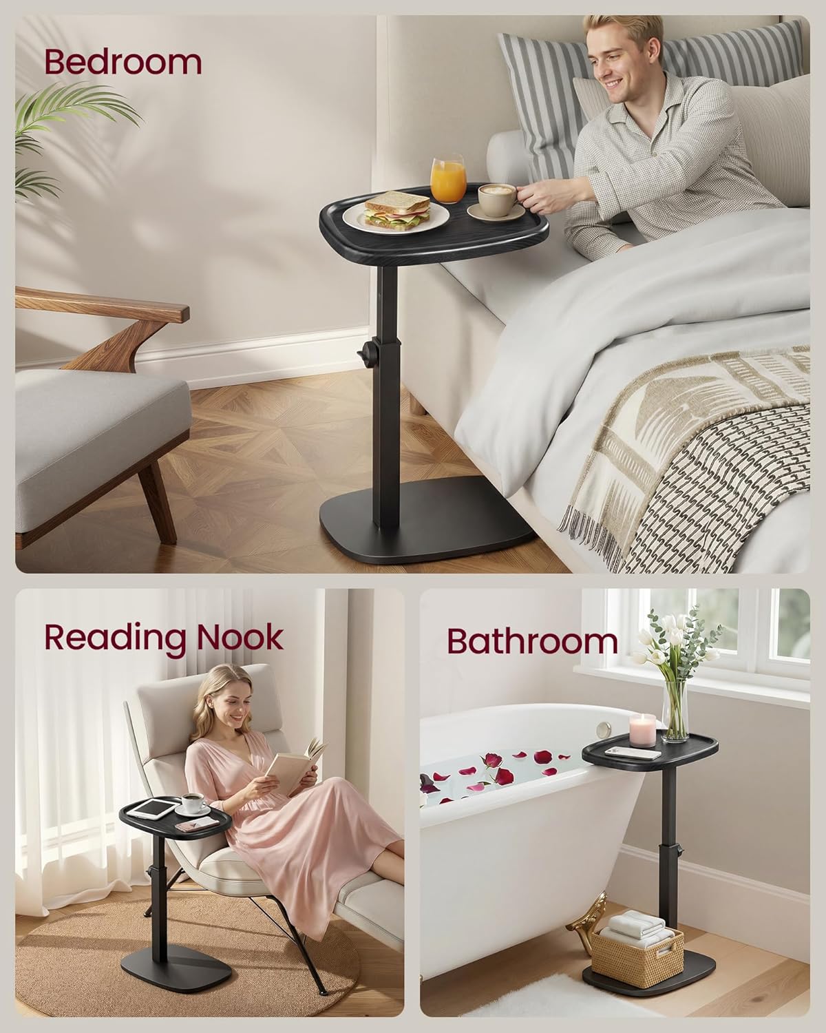 VASAGLE Couch Table, C-Shaped Sofa Side End Table, Bedside Table, Adjustable Height, for Small Spaces, 11.8 x 15.7 x 27.2 Inches, for Living Room, Bedroom, Ink Black ULET363B101