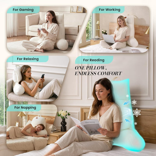 Amélie Home Premium Cooling Waffle Reading Pillow, Qmax>0.37 Ergonomic Backrest Support with Pocket & Handle, Breathable Lounging Pillow for Bed Sofa Floor Summer, 29 Inches, Ivory
