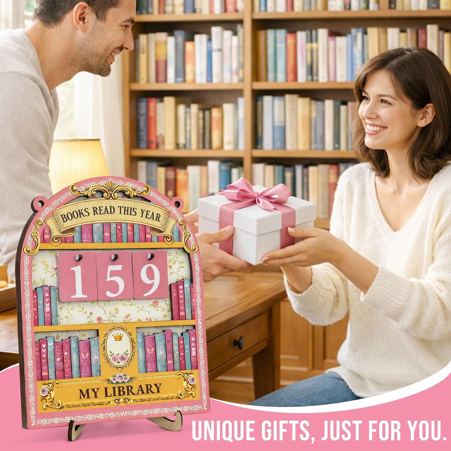 Books Read This Year Counter Sign Bookish Gifts for Women - Pink Reading Tracker Ornament Bookshelf Decor - Book Lover Gifts for Bookworms Readers