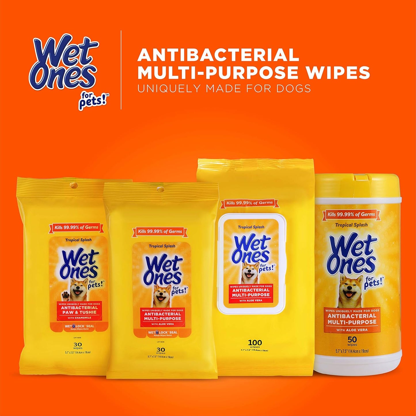 Wet Ones for Pets Antibacterial Dog Wipes, Multi-Purpose Grooming Wipes with Aloe Vera for Paws, Face & Body, Easy Cleanups Between Baths, Tropical Splash Scent, 5.7 in x 7.5 in, 50 Count