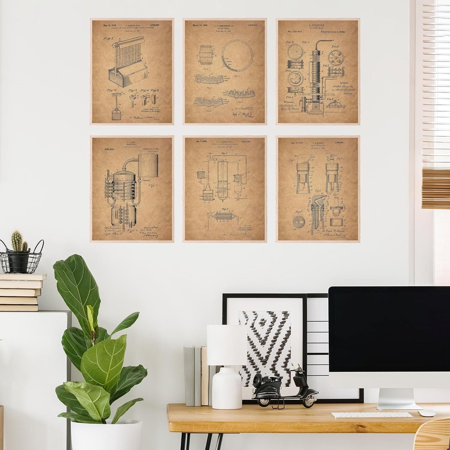 BigWig Prints Whiskey Patent Wall Decor - Bar Art for Home, Whiskey Decor, Bourbon Wall Artwork for Home, Vintage Alcohol Poster, Bar Cart Art - Unframed Set of 6 (8x10”)