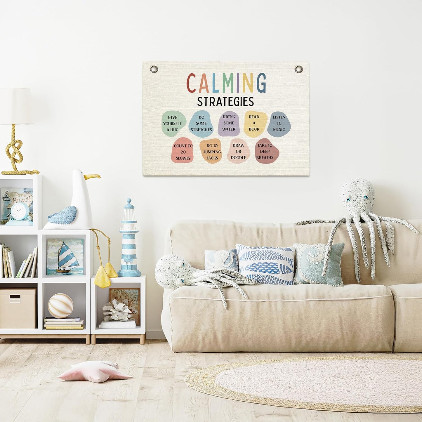 Calming Corner Hanging Banner Sign - Safe Space Classroom, School Counselor's Office, Calm Down Corner Decor for Nursery School Therapy Office, Positive Affirmations Inspirational Wall Art (Colorful, 30x20inch)