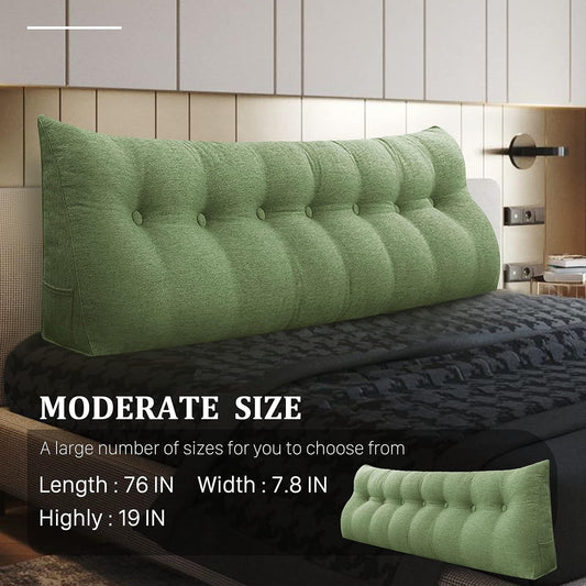 14 lbs Thickened Headboard Pillow Wedge Pillow Headboard Reading Pillow Bed for Backrest Reading Triangular Pillow with Side Pocket for Sitting in Bed Cotton Linen Green King