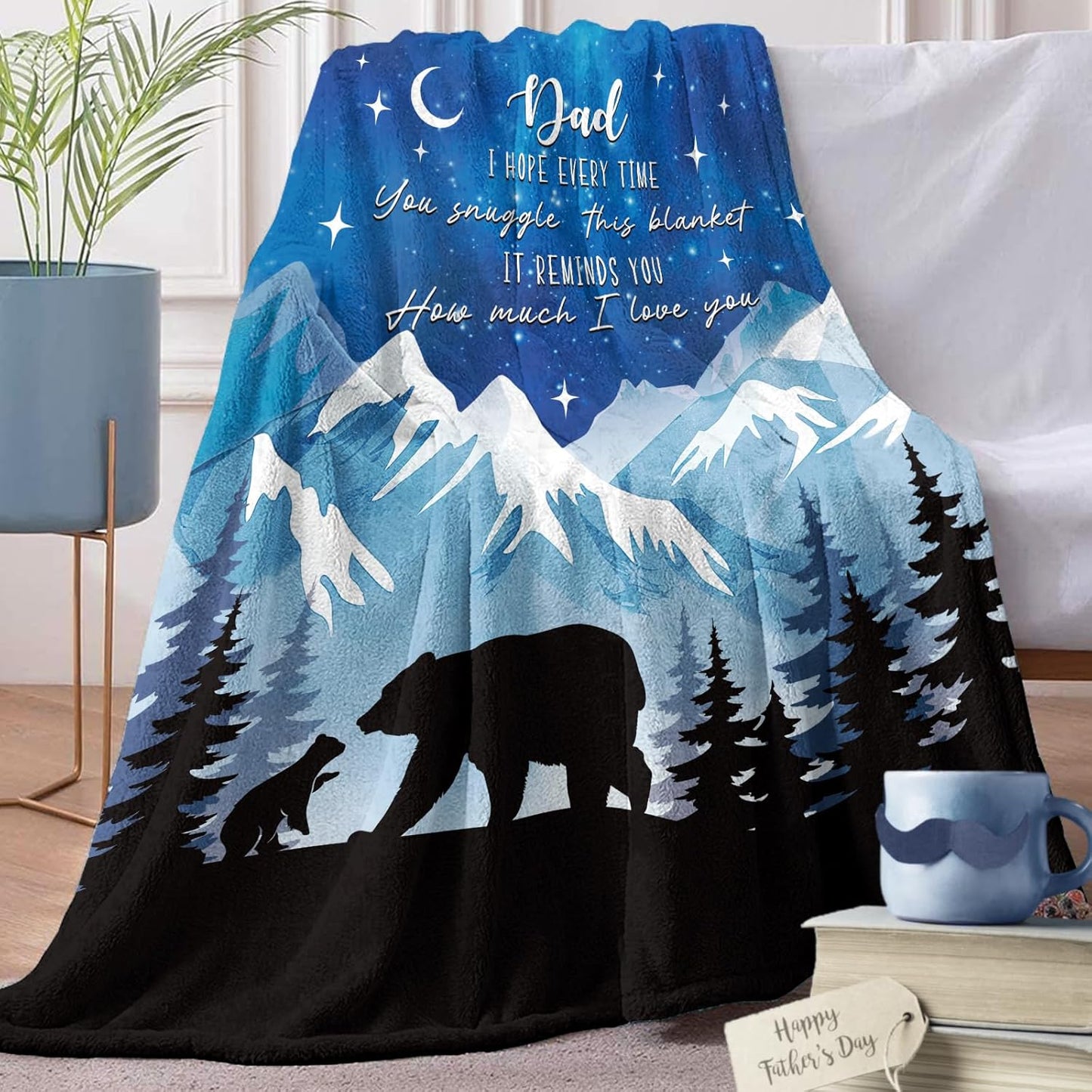 Gift for Dad from Daughter Son Flannel Throw Blanket, for Daddy, Birthday Ideas, Bear Dad Present for Men, Mountain Forest Soft Bedding Sofa Blankets 50 x 60 in