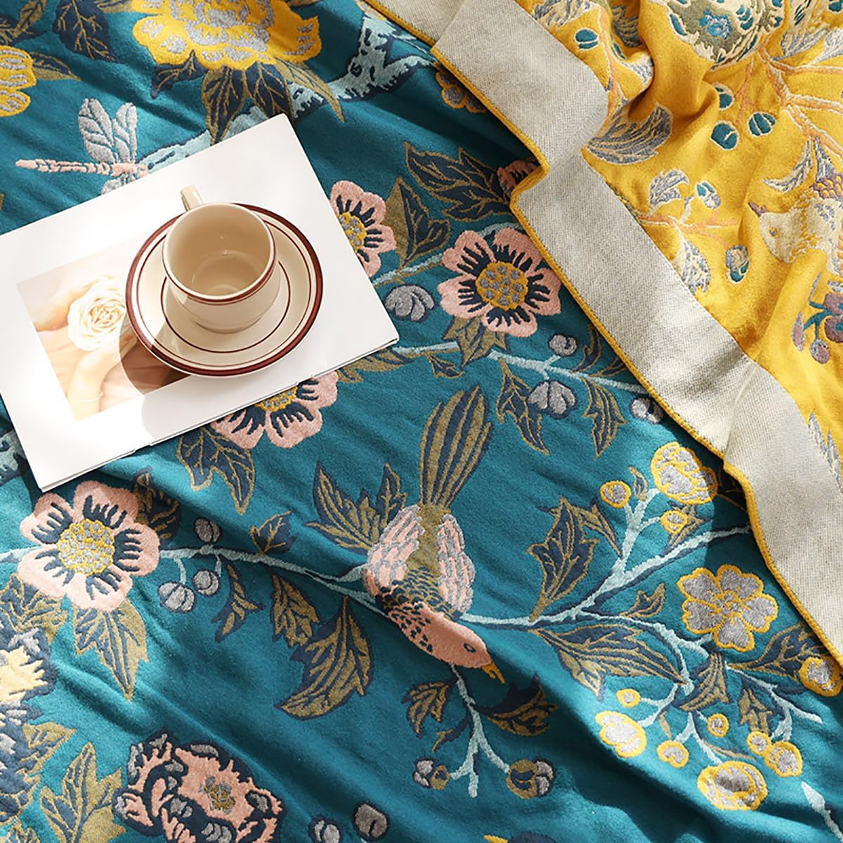Muslin Blanket 80 x 90 in 4-Layer Gauze Cotton Blanket for Adults, Soft Breathable Summer Cooling Blanket, Boho Floral Lightweight Bed Blanket for Couch Sofa (Flowr Branch Teal, 80 x 90 in)