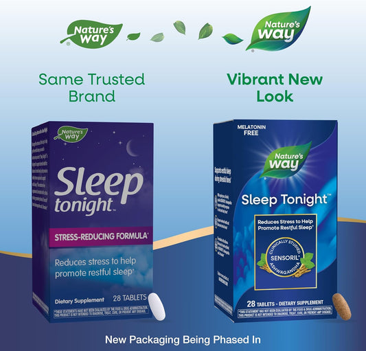Nature's Way Sleep Tonight, Stress-Reducing Formula to Promote Restful Nights*, Melatonin Free Sleep Support with Ashwagandha and L-Theanine*, Vegan, 28 Tablets (Packaging May Vary)