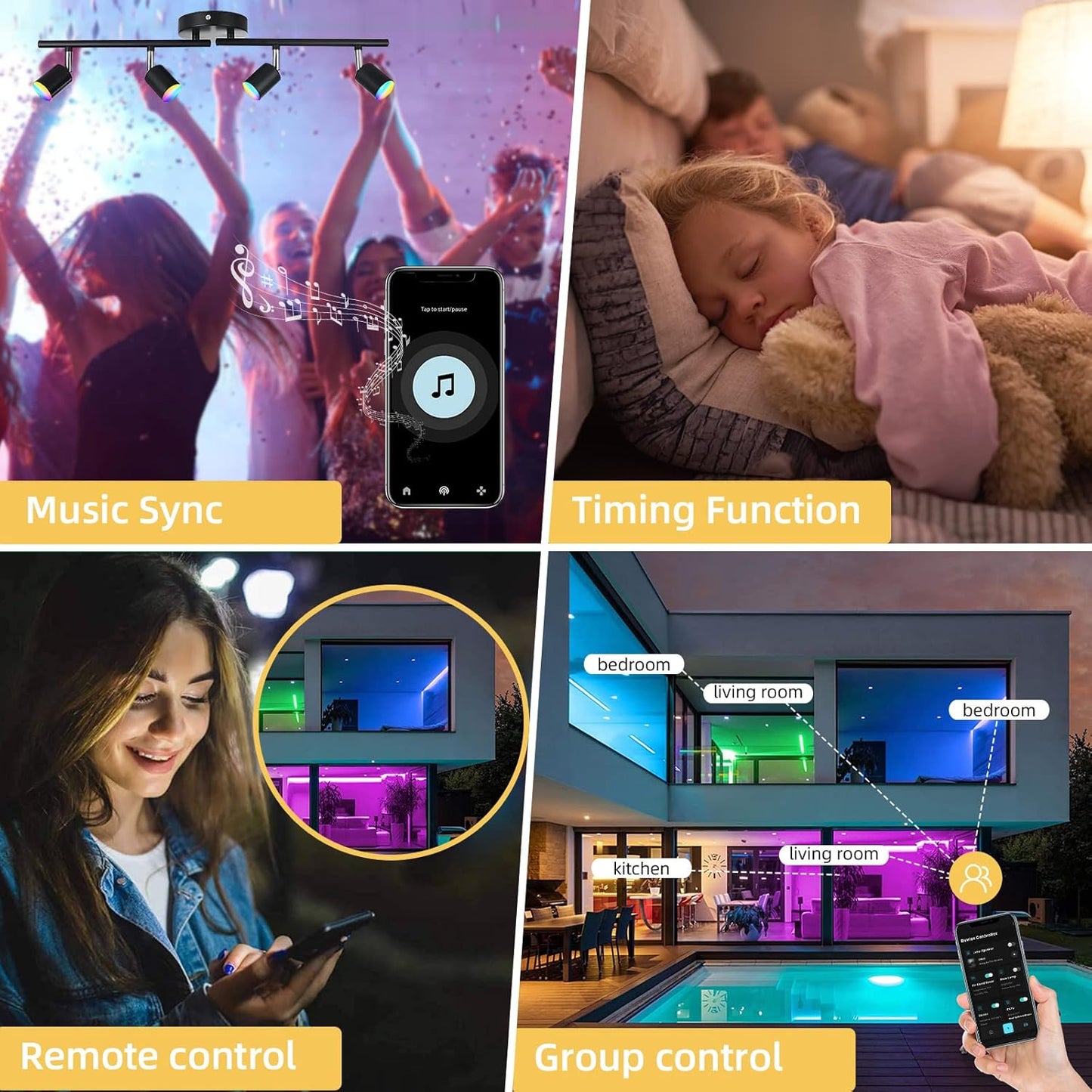 CANEOE Smart 4-Light Black Led Track Lighting Fixtures,16-Colors RGB Track Lighting Kit,Dimmable Track Light Work with Alexa/Google Home/App,Ceiling Spotlight for Kitchen, Living Room, Bedroom, Bar