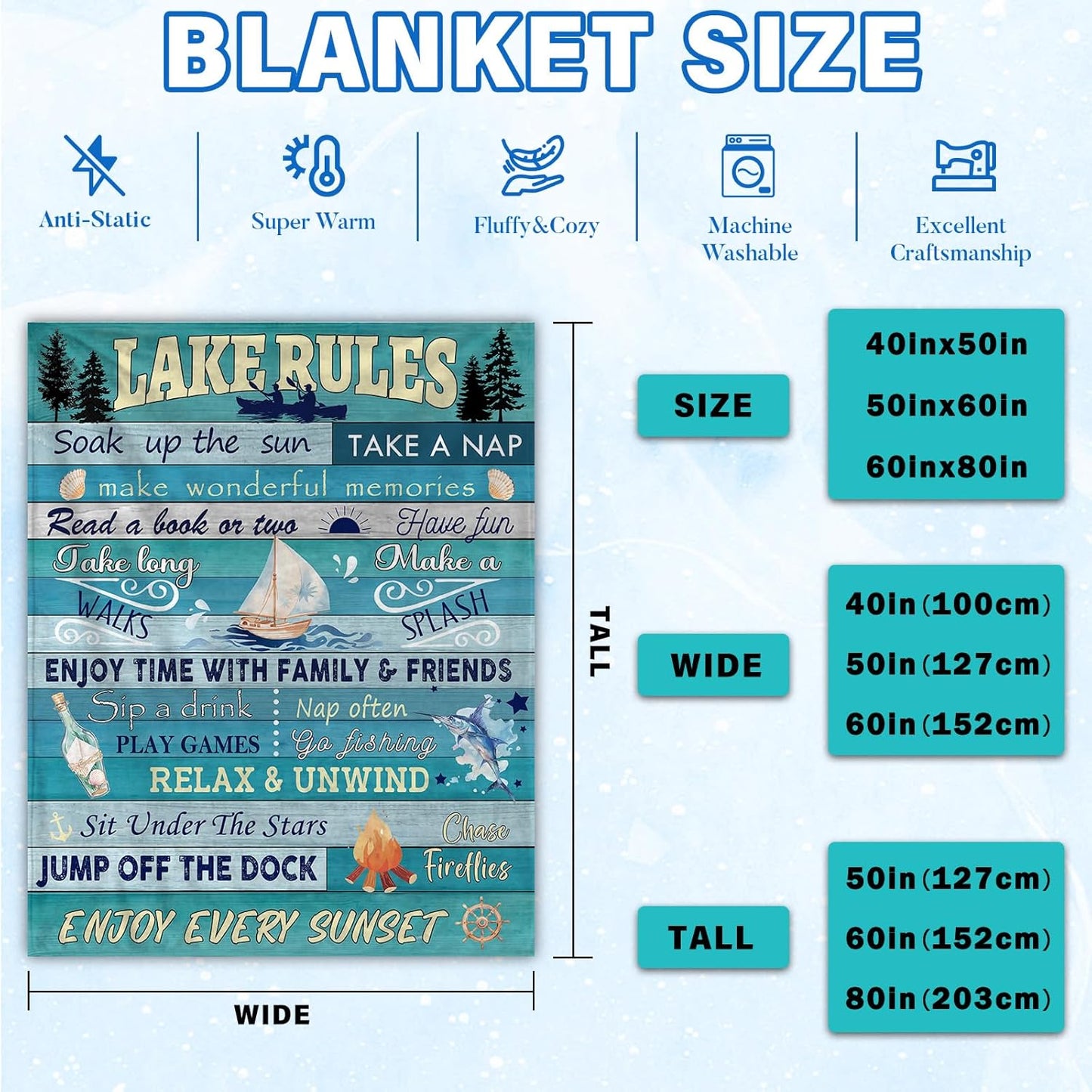 Lake House/Life Gifts for Women Men, Boating/Fishing/Ocean Gifts, House Decor for Home Bed Sofa Lake Rules Flannel Throw Blanket, 50" x 60"