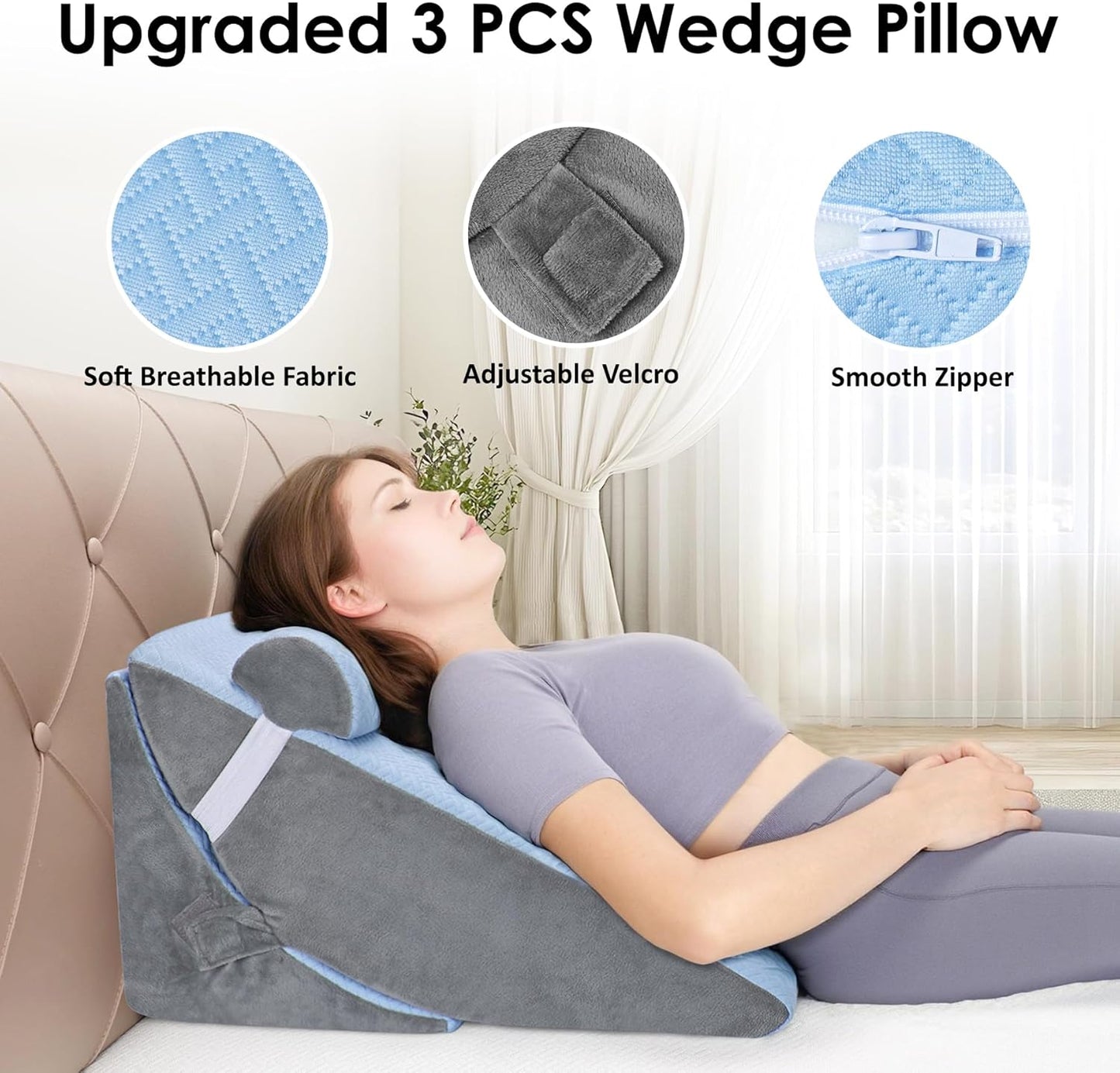 Bed Wedge Pillow for Sleeping, 3PCS Wedge Pillow Set for After Surgery, Adjustable 7 &12 inch Pillow Wedges for Acid Reflux Relief, Back Pain Relief, Sleep Apnea, Sitting Up, Headboard(Blue/Grey)