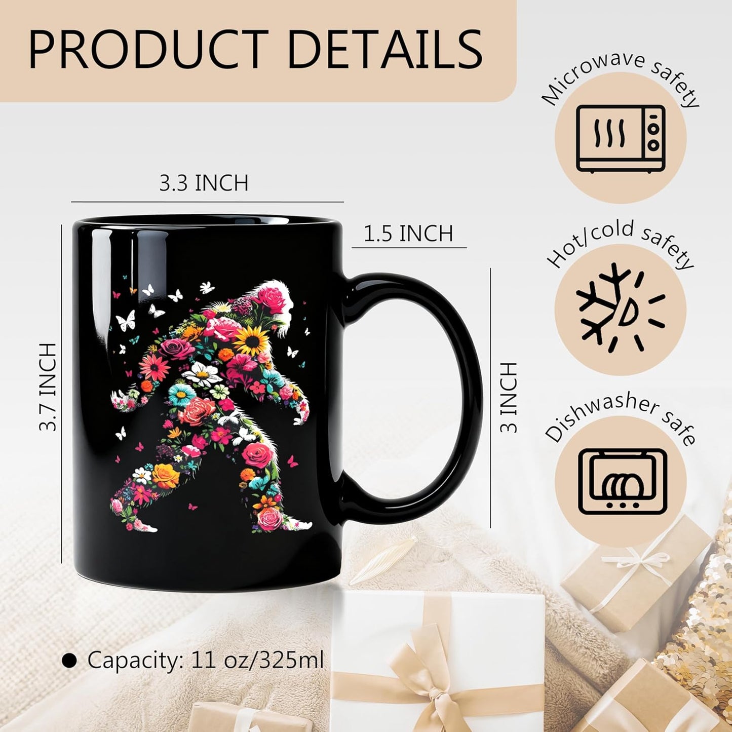 Boho Floral Bigfoot Mug, Big Foot Sasquatch Gifts Ceramic Coffee Mug, Gifts for Camping Hiking Lovers, Gift for Hikers Coffee Tea Cups 11 oz