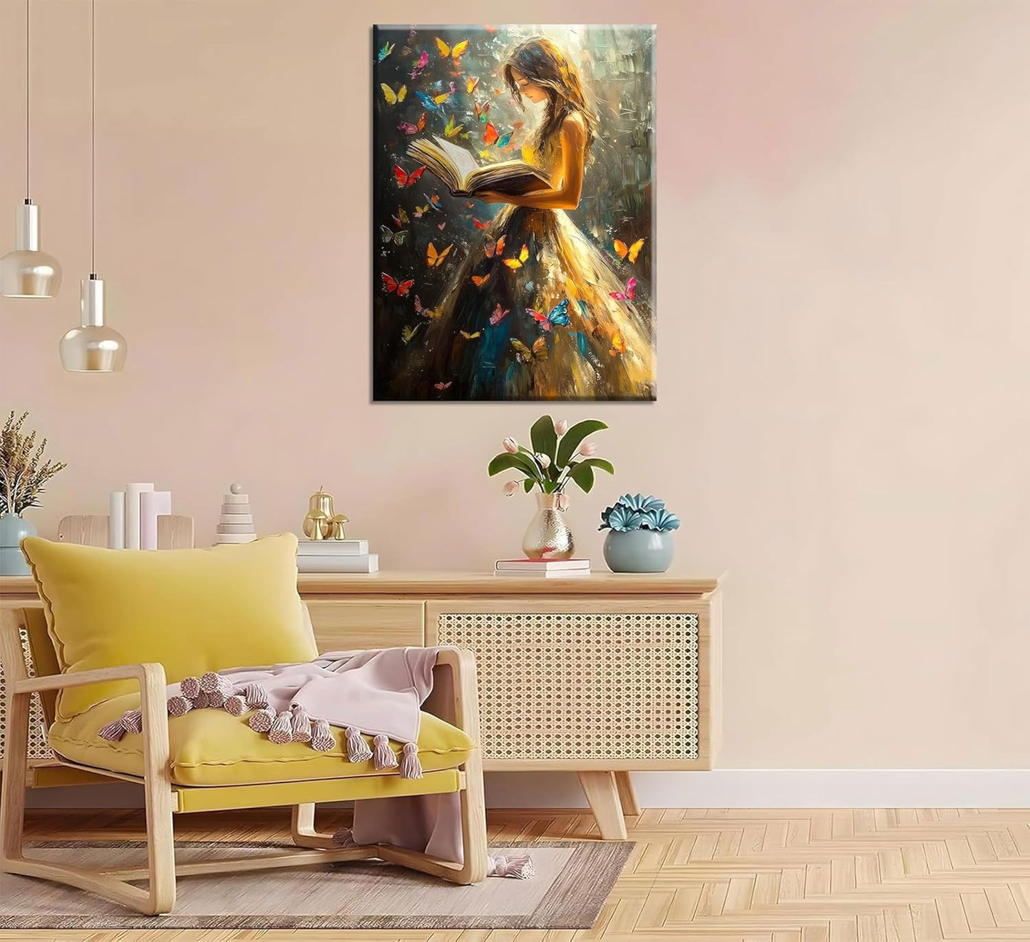 Reading Girl Canvas Wall Art Colorful Butterfly and Victorian Girls Wall DecorGirls Room Poster Print Vintage Book Artwork Painting Pictures for Reading Room Living Room Bedroom Ready to Hang