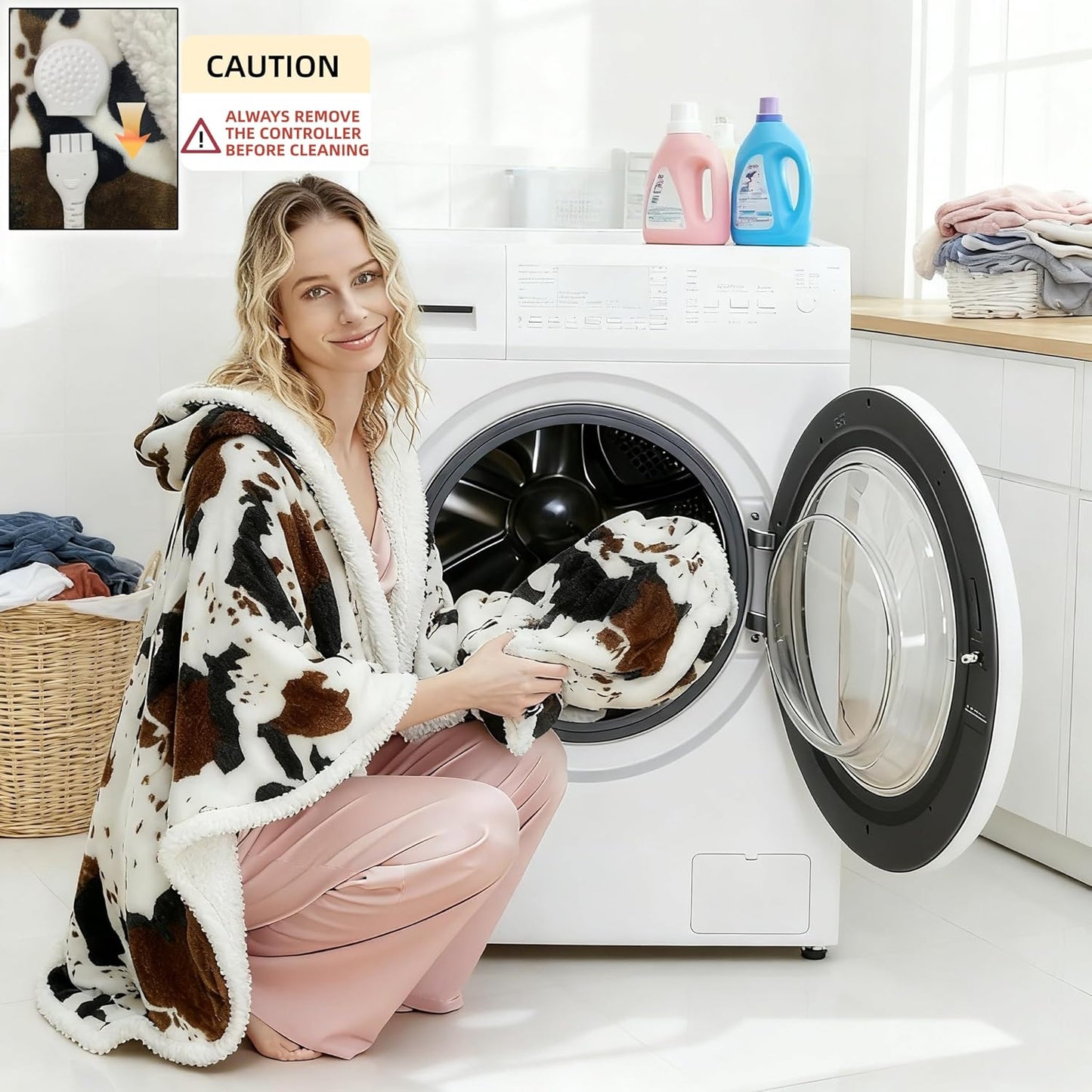 Heated Electric Blanket Shawl Cow Print Wearable Heated Blanket with Hood & Pocket, Winter Gifts for Adults, Soft Heating Blanket Throw with 4 Heat Levels & Auto Shut-Off, Cow Print, 50" x 64"
