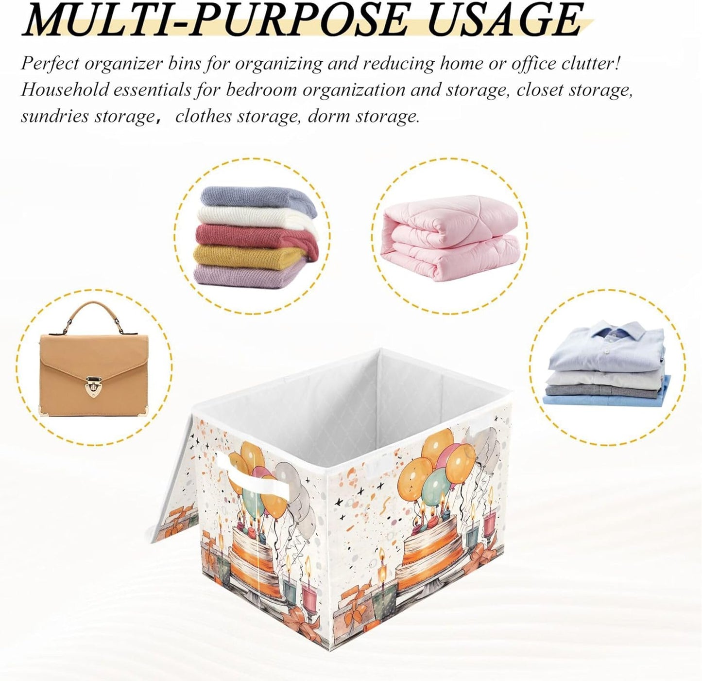 xigua Happy Birthday Pattern Storage Bins with Lids and Carrying Handle,Foldable Storage Boxes Organizer Containers Baskets Cube with Cover for Home Bedroom Closet Office
