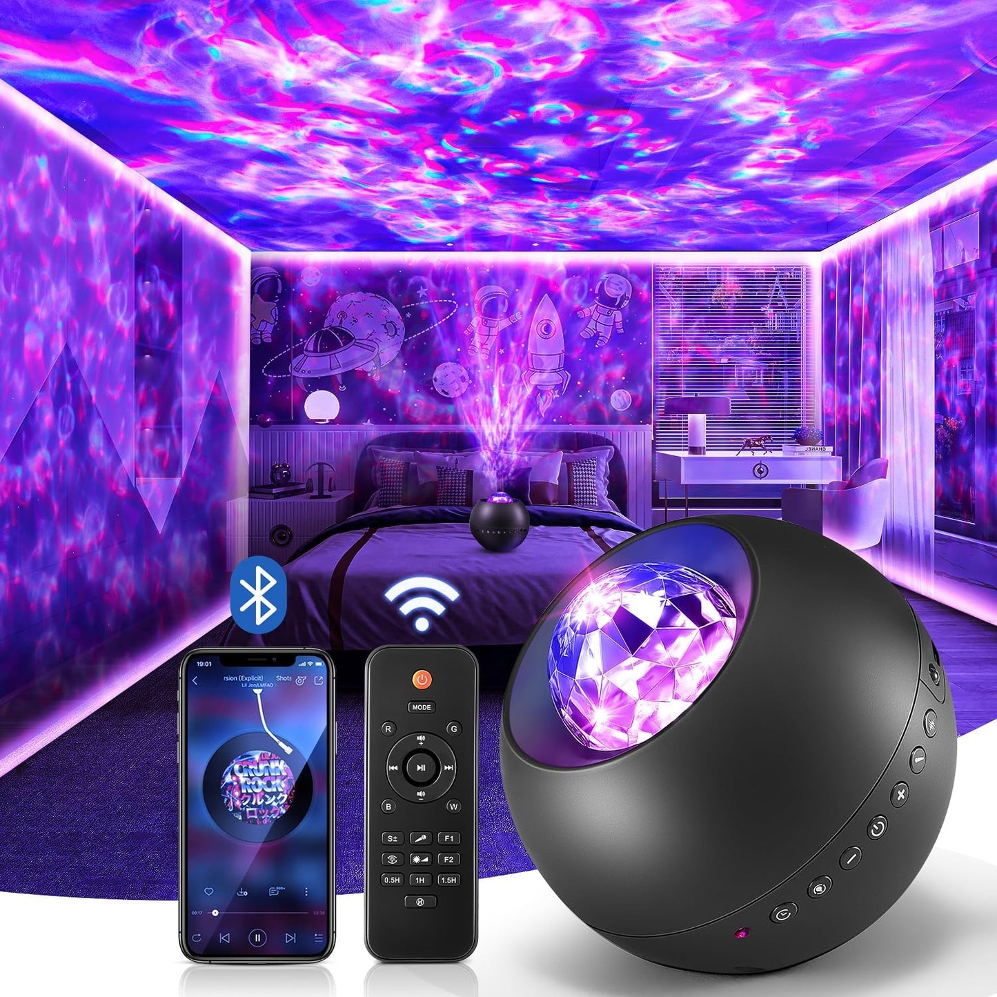 One Fire Galaxy Projector, Vibrant Galaxy Light Projector, White Noise & Bluetooth Room Lights for Bedroom,Remote Timer Kids Night Light,Cute Room Decor for Teen Girl Valentine's Day Gifts