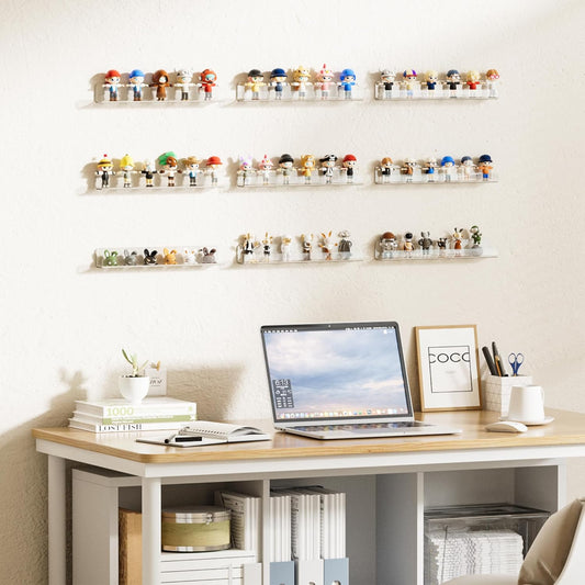 upsimples 6 Pack Clear Acrylic Shelves, 1.7" x12" Clear Wall Shelves for Nail Polish, Vinyl Wall Mount, Record Holder, Magazine Rack, Comic Display, Picture Ledge Shelf Décor