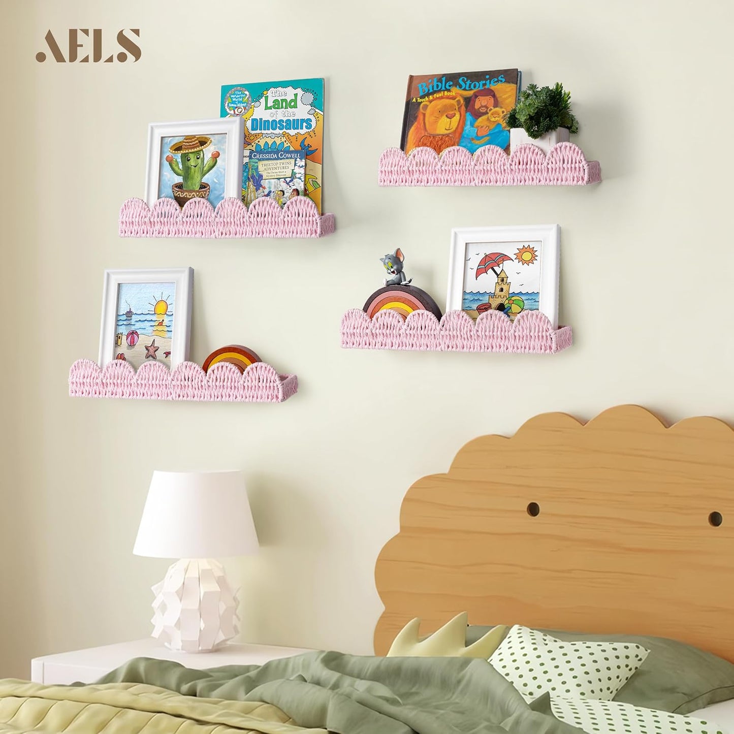 AELS Scalloped Nursery Bookshelf, Set of 4, Picture Ledge Shelf for Wall Decor, Woven Natural Fibre Floating Shelves for Books, Toys, Photo Frame, Nursery, Boho Modern Farmhouse Book Shelf, Pale Pink