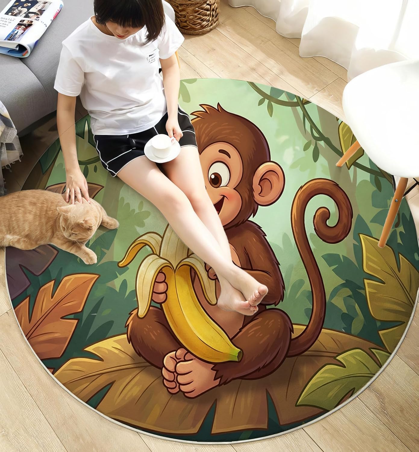 Modern Round Area Rug for Living Room, 5Ft Washable Round Rug Emerald Green Tropical Monkey Banana Circle Rugs for Dining Room Table, Cartoon Animal Small Circular Floor Carpet for Bedroom